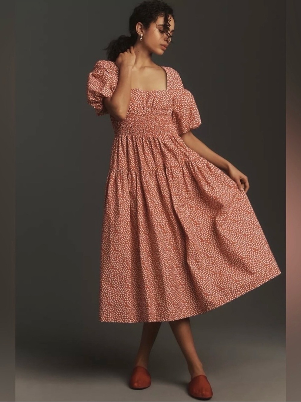 Anthropologie Puff Sleeved smocked midi dress